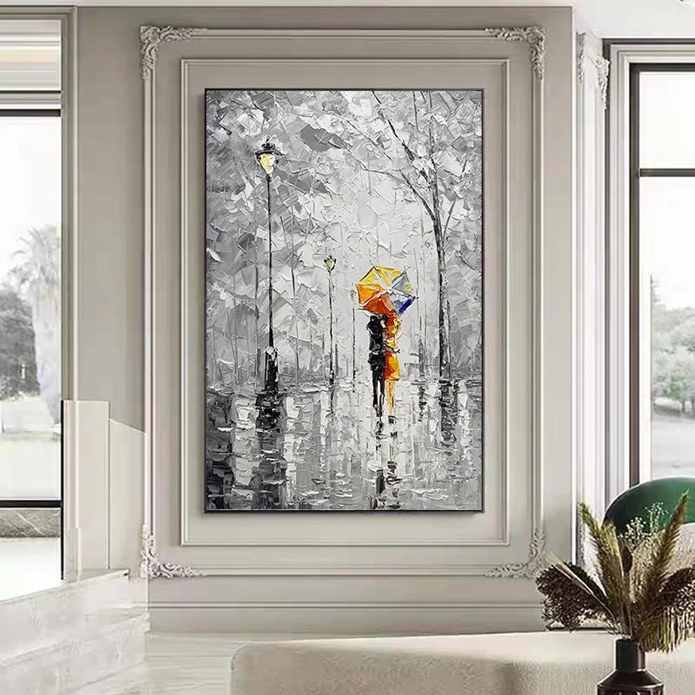 Abstract Grey Landscape Oil Painting Hand Painted on Canvas Wall Art A Couple Walking In The Rain Painting Picture Wall Decor