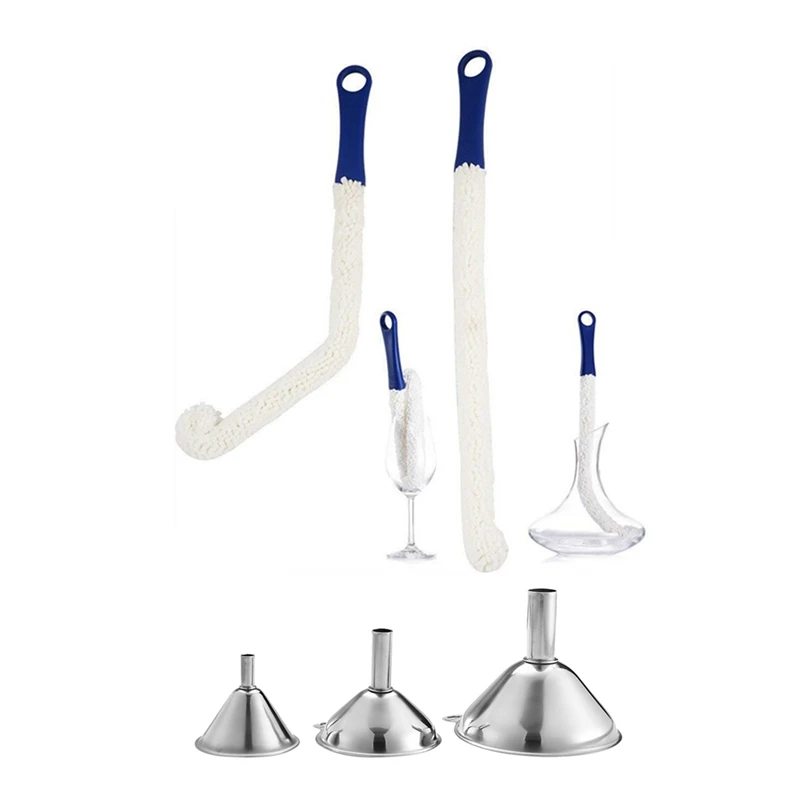 

Bottle Cleaning Brush - Set Of 2 Flexible Bottle Scourer & 3Pcs Multifunctional Stainless Steel Funnel