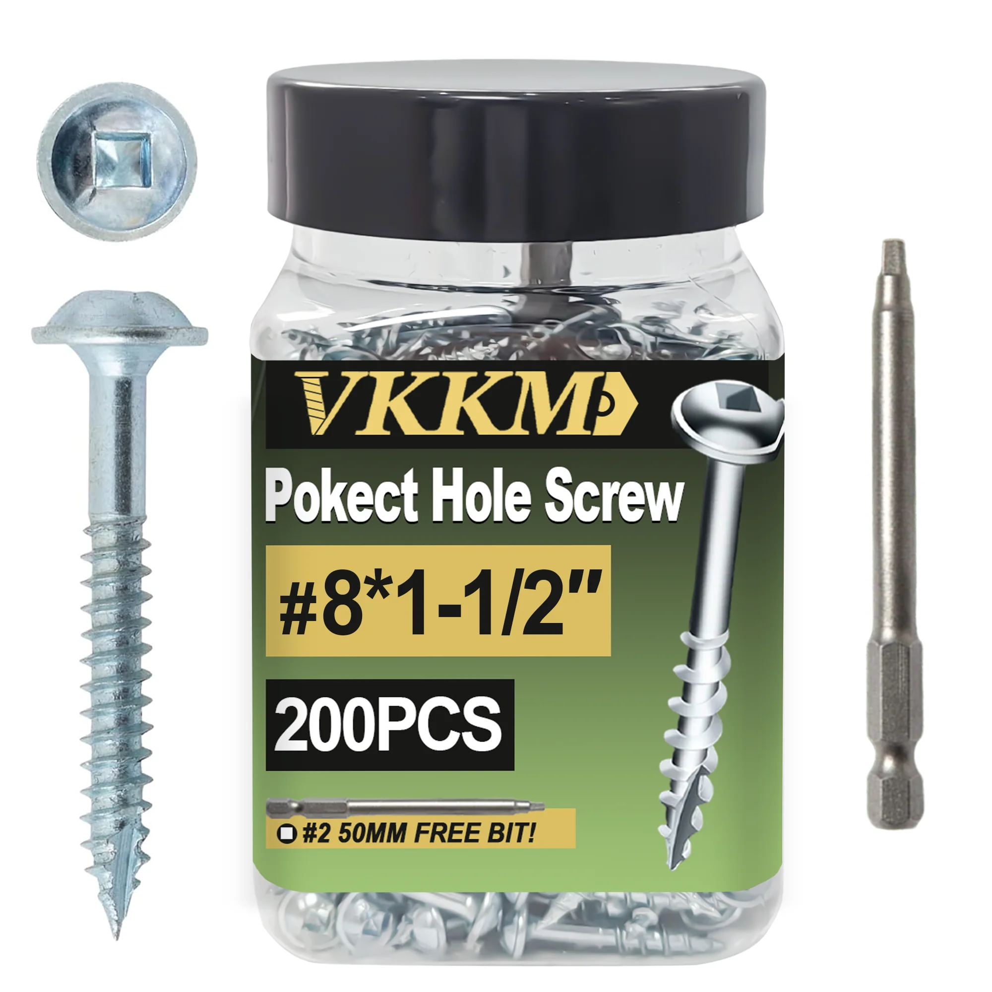 

VKKM 200-300Pcs pocket hole screws, wood screws #8 x 1-1/2 in. coarse threaded washer head, square self tapping, for indoor use