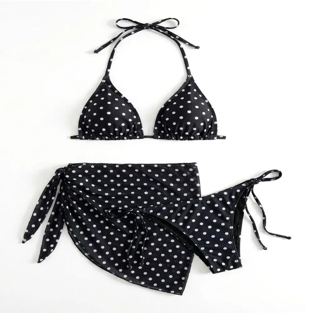 3pcs Beachwear Clothing Halter 3-Piece Swimwear Dot Print Deep V Bikinis Set Lace Up Slim Fit Bathing Suits Beach Wear