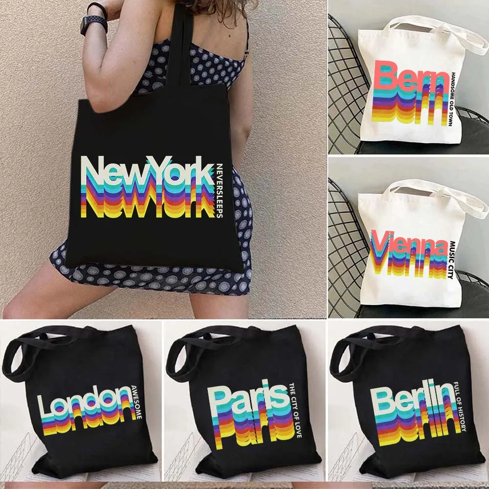 Retro Rainbow Letter Print BERLIN Bern LONDON NEW YORK NEVER SLEEPS Ottawa PARIS Vienna Canvas Totes Bag Cotton Shopper Handbags