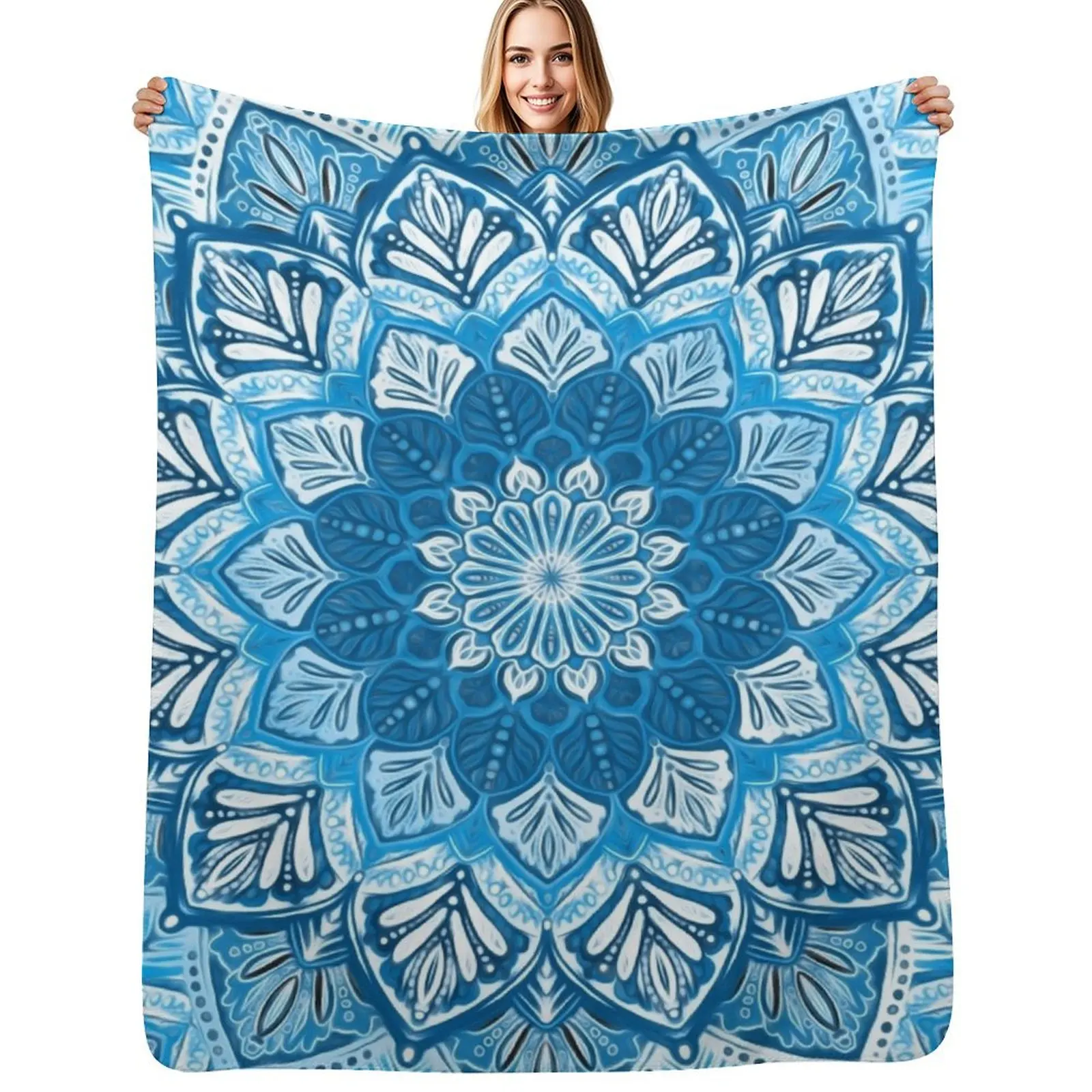 Boho Mandala in Monochrome Blue and White Throw Blanket Luxury Thicken Soft Plush Plaid Beach Nap Furry Blankets