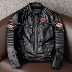 2025 Men's Skull Print Biker Motorcycle Genuine Leather Jackets Autumn Black 100% Cowhide Jacket for Men Style Slim Male Coat