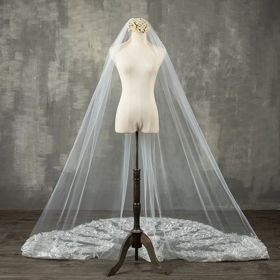 أنيقة الأبيض العاج كاتدرائية الحجاب الزفاف الدانتيل يزين Mariage العروس اكسسوارات الزفاف الحجاب الزفاف Mantilla de novia velo