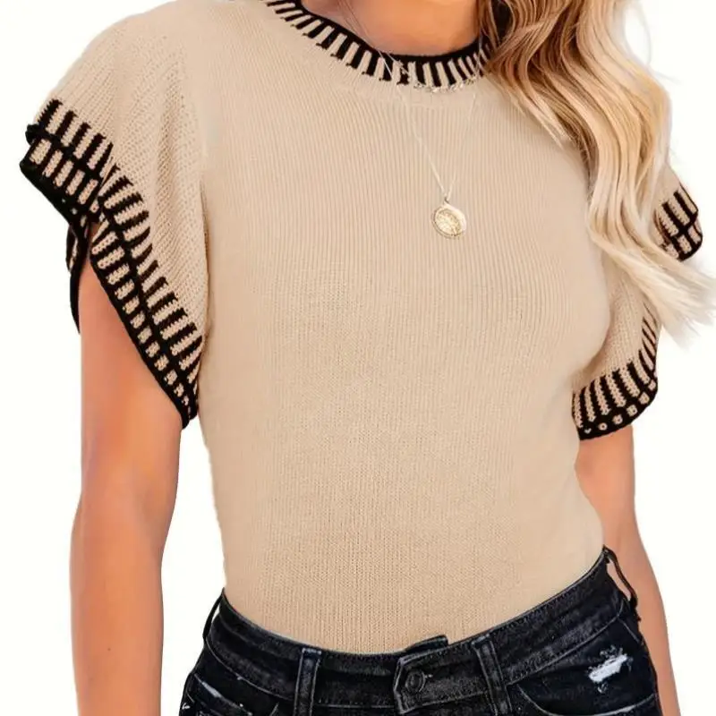 

Casual round Ne Overhead Sweater ort Sve Contrast Color Rolling New Sle Women's Knitted irt Ci Walk Suitable