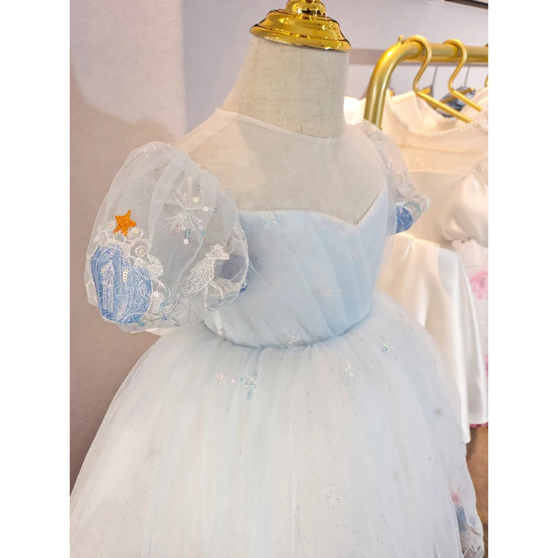 2-10Y Puff Sleeve Flower Girl Dress Exquisite Embroidery Formal Ball Gown Children Sequin Bow O-Neck Birthday Party Dresses