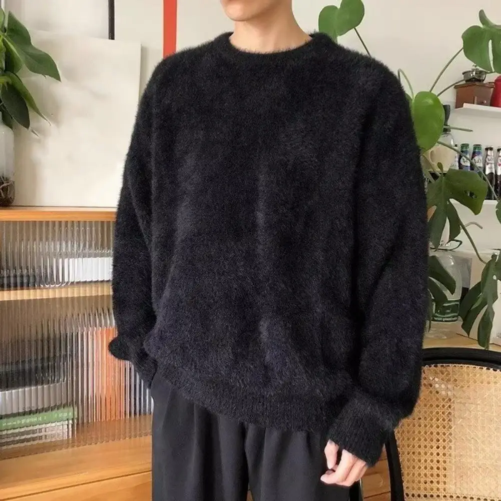 Maglione strutturato in peluche Maglione lavorato a maglia da uomo accogliente per l'inverno Pullover spesso e sfocato con girocollo Elastico di media lunghezza da indossare