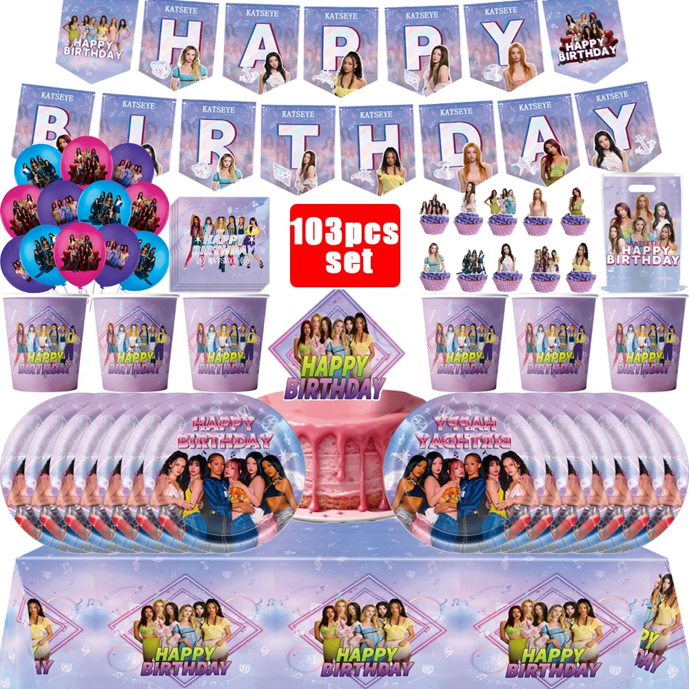 

Набор посуды для дня рождения в стиле аниме K-KATSEYE: скатерть, стаканы, воздушные шары, фон для торта, товары для детских вечеринок в стиле K-pop