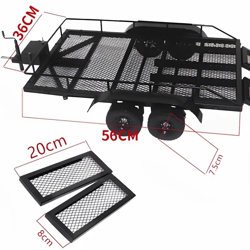 1/8 1/10 Dual Axle Metal Flatbed Trailer for RC Crawler, Universal Tow Hitch for TRX4 KM2 D90 SCX10 Rock Crawler Upgrade Parts