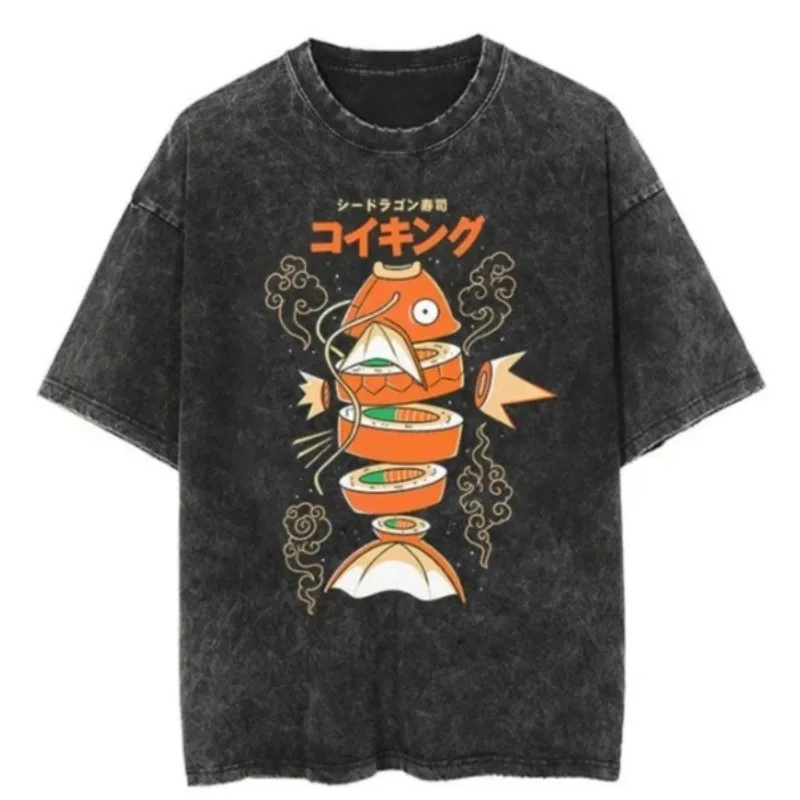 

Casual Men Short Sleeved Tee Top Anime Print Vintage Graphic T Shirt Man Carp King Summer Men'S Oversized Washed Y2k Clothes