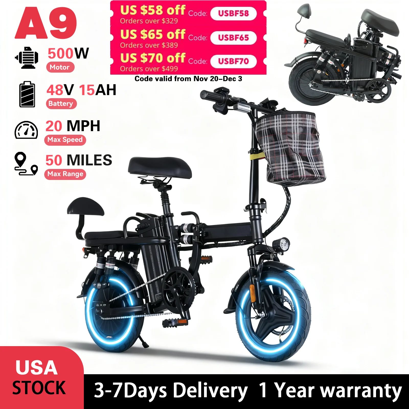 

Family-Ready E-Bike! 500W Motor, 15AH Range, Dual-Seat with Backrest & Super Shock Absorption – Perfect for US Family Adventures