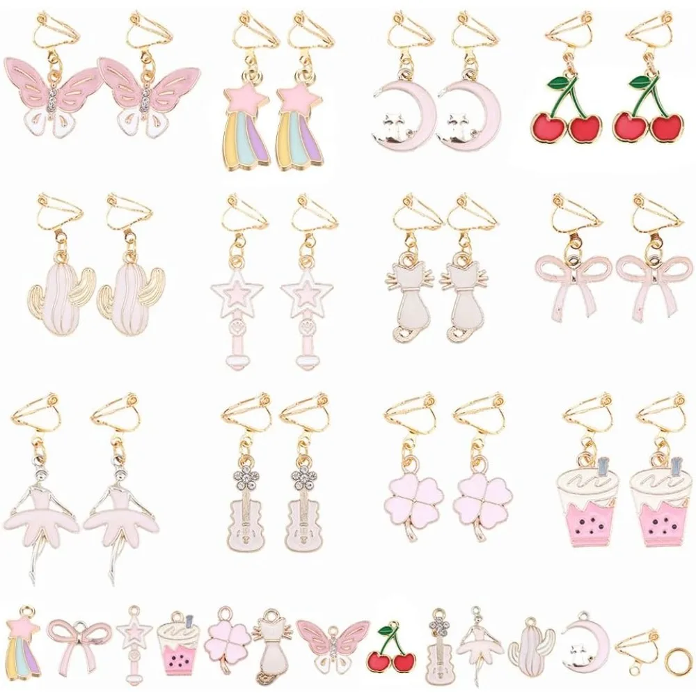 1 Box DIY 12 Pairs Clip On Earrings Pink Themed Clip On Earring Making Kit for Little and Women Jewelry Making Supplies