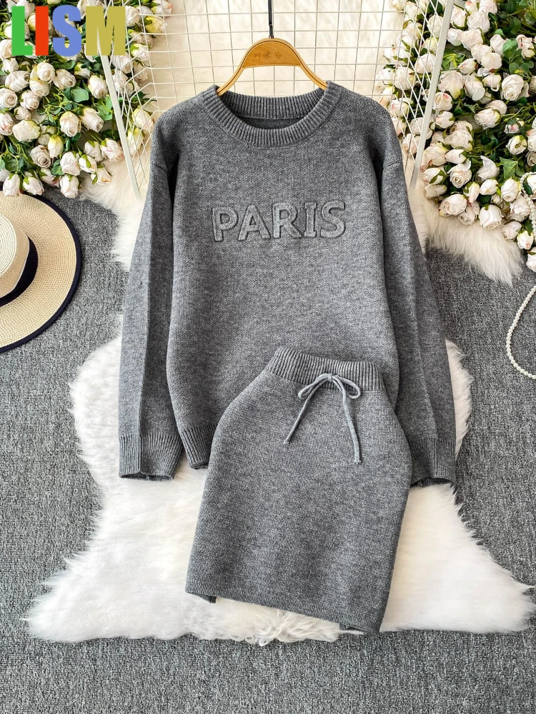 

LISM winter woman outfit loose solid letter embroidered knitted sweatshirt high waist hip hugging short skirt two-piece set