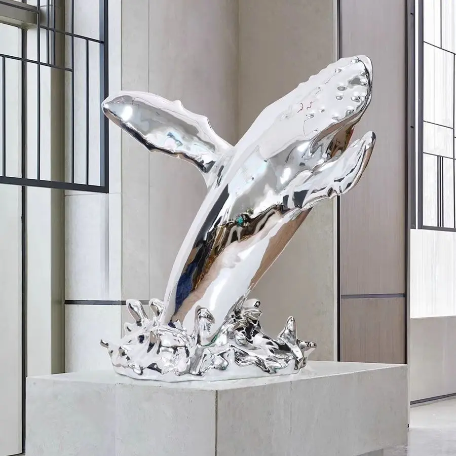 FRP Electroplated Silver Art Sculpture, Creative Floor‑Standing Whale Dolphin Ornament for Hotel Lobby Sales Office