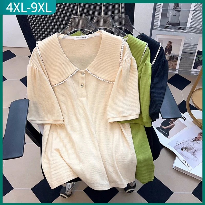 

New 2023 Summer Plus Size Tops For Women Large Size Short Sleeve Loose Cotton Green Beige T-shirt 4XL 5XL 6XL 7XL 8XL 9XL