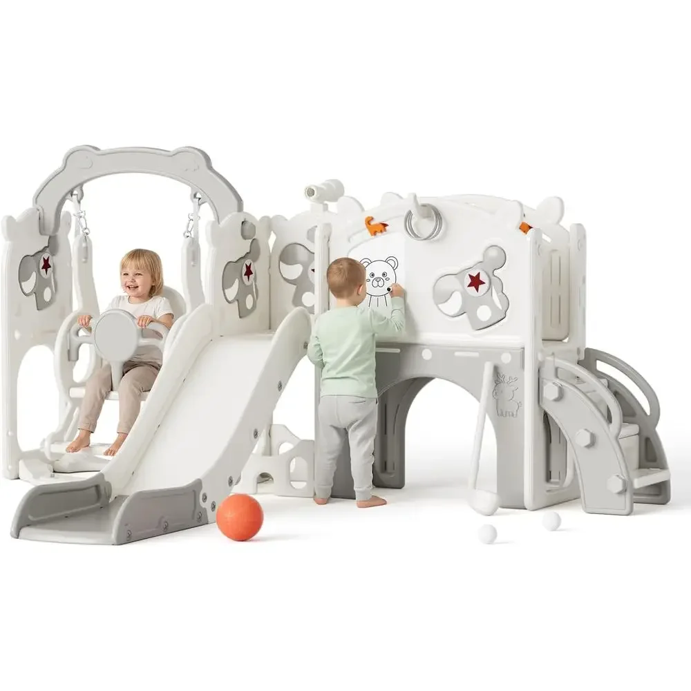 

Toddler Swing and Slide Set for 1-3 Years, Indoor/Outdoor, with Basketball Hoop, Easy Assembly (Beige & Gray)