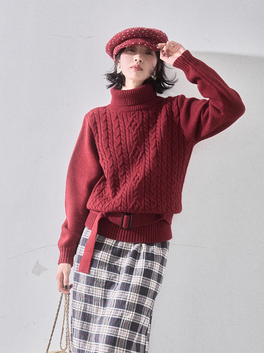 

Red High Collar Cable Knit Wool Sweater Liparpa Festive Aosphere Thi Needle Knitted Top for Women Vintage Sle Casual Wear