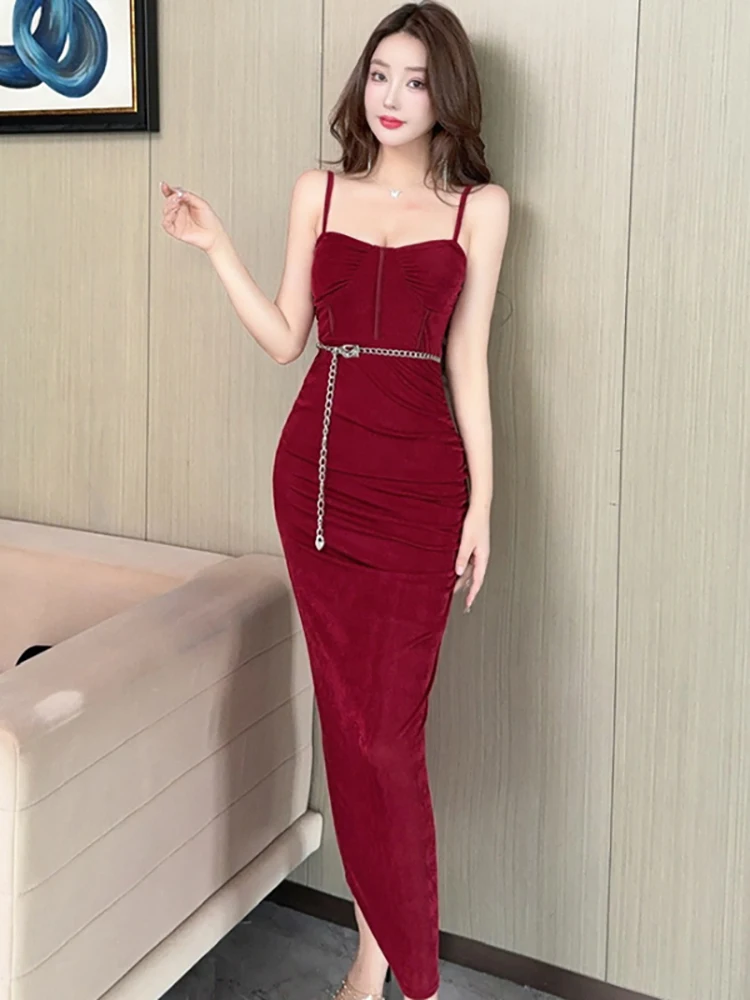 Verão vermelho malha corrente bandagem vestido longo feminino bodycon sexy estilingue vestido 2025 coreano vintage luxo festival festa vestido de noite