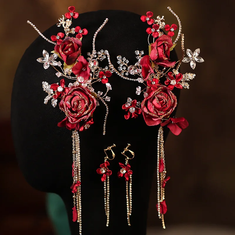 

Pair of Chinese Bridal Burgundy Flowers Rhinestones Tassels Hair Clips Ethnic Style Red Barrettes wedding Hair Jewelry