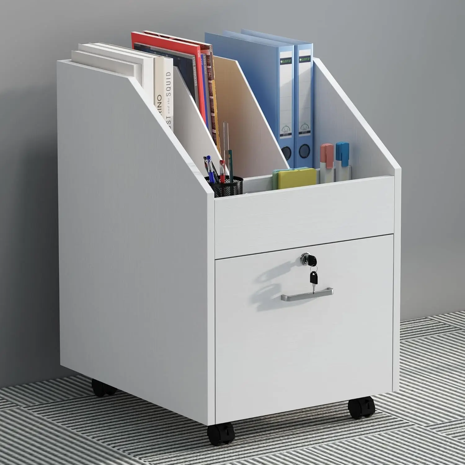 Mobile File Cabinet with Lock,Under Desk Rolling File Cabinets for Home Office,Wood Filing Cabinet (White)