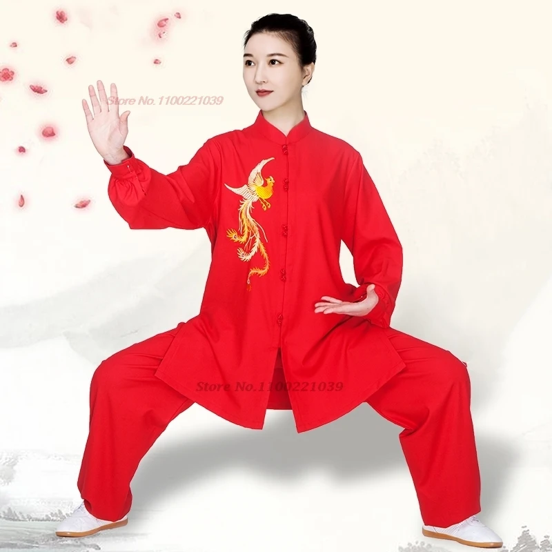 

2024 chinese vintage tai chi performance clothes tops+pants set martial arts tai chi phoenix embroidery uniform team performance