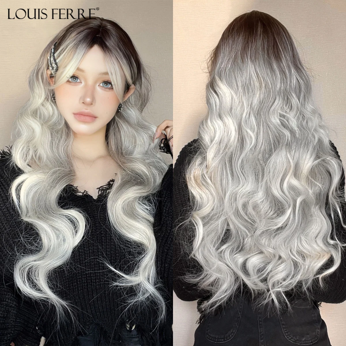 Cabelo ondulado longo e encaracolado com Franja para mulheres, marrom ombre e cinza, perucas sintéticas, cabelo natural com raízes escuras, festa diária de cosplay