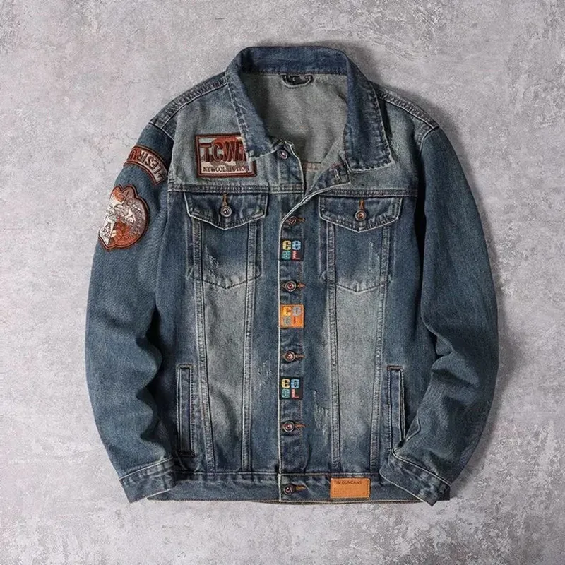 

Autumn and Spring Fashion Trend Embroidery Retro Sports Denim Jacket Men's Loose Comfortable Plus Size High Quality Outerwear