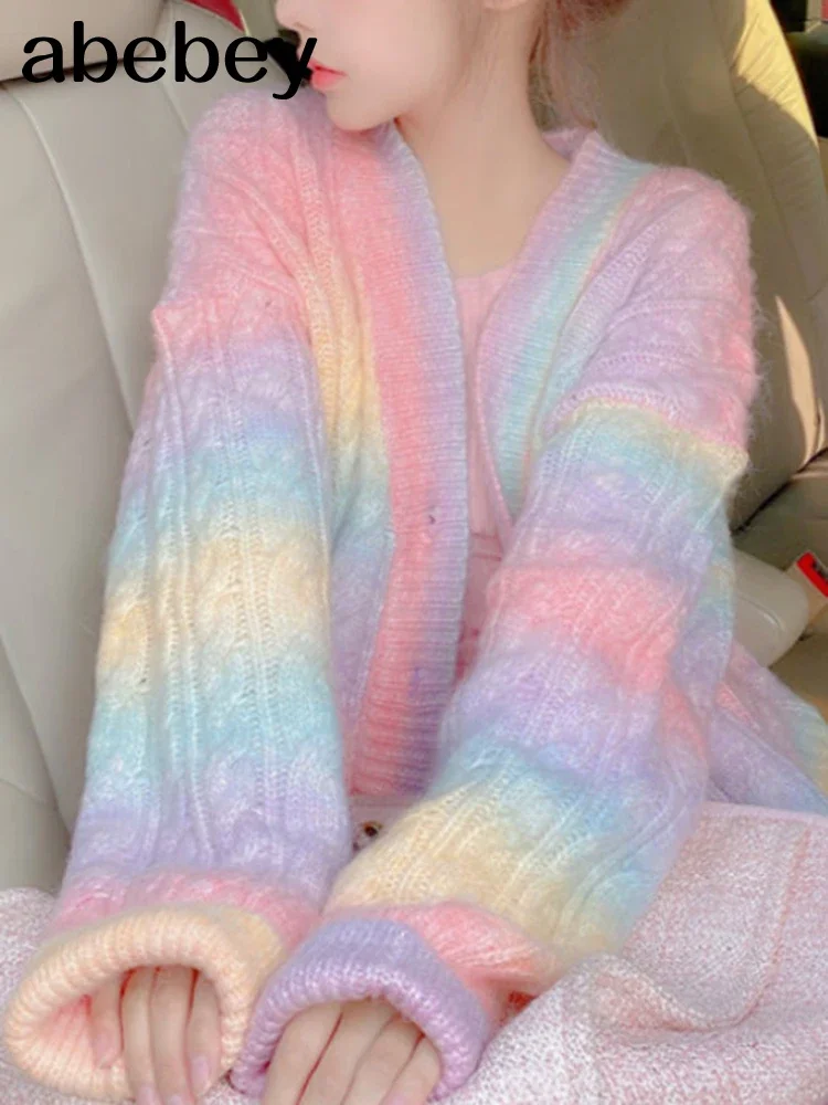 

Rainbow Knitted Cardigan Women Autumn winter Sweet Kawaii Sweater Coat Female Long Korean Button Down Cardigan Fall 2026 Women