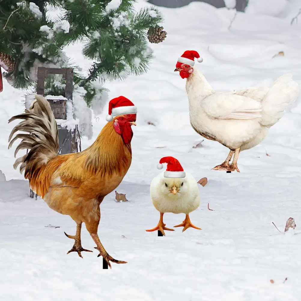 3Pcs Christmas Hat Chicken Stake Acrylic Garden Decoration Outdoor Yard Ornament Courtyard Insert Realistic Decorative Sign