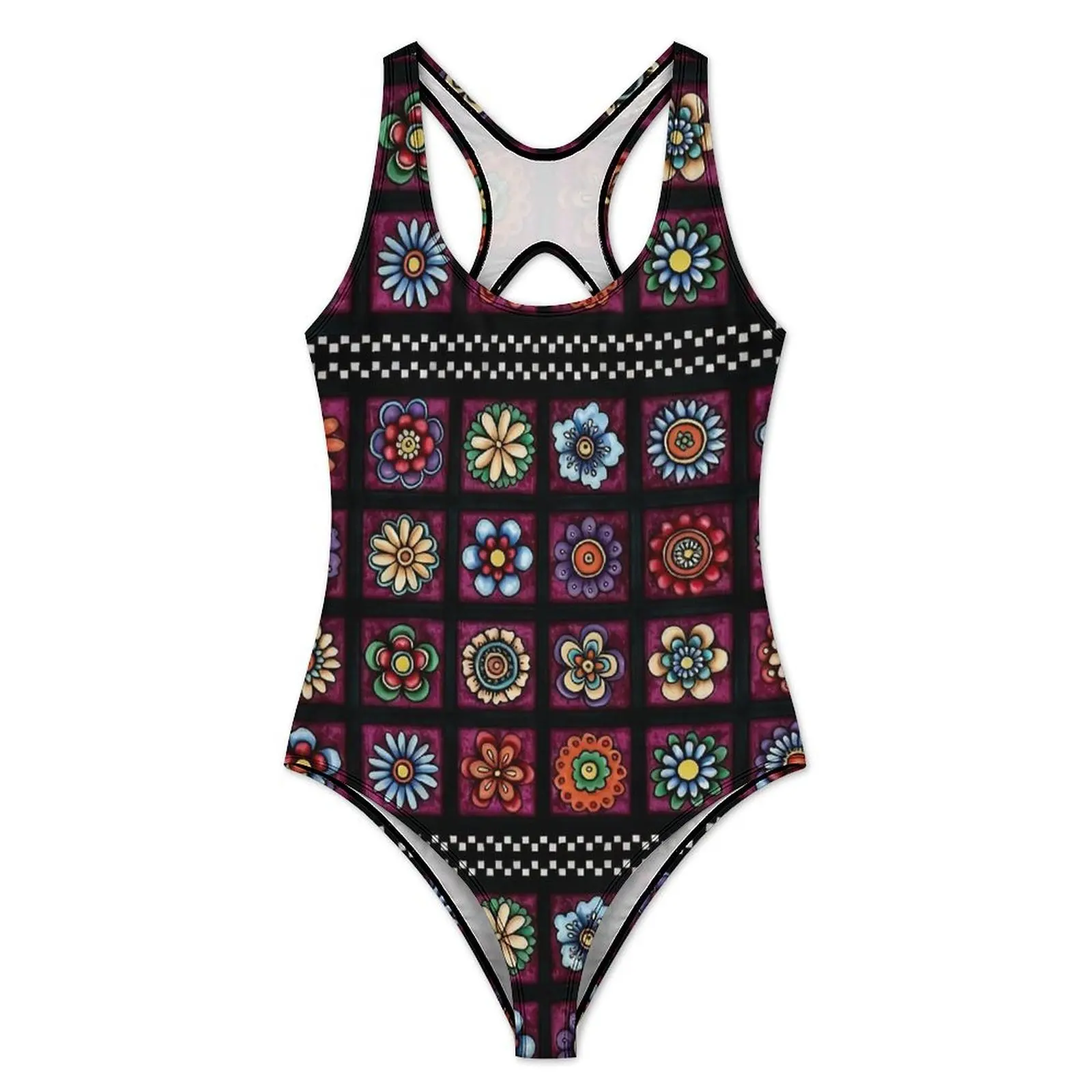 Retro Floral Tile Print Swimsuit Sexy  One Piece Swimwear Push Up Swimsuits Classic Vacation Bath Bathing Suits