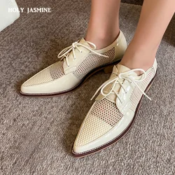 Zapatos Oxford de tela de red para mujer, calzado plano con cordones, estilo Derby, punta estrecha, Primavera, 2023