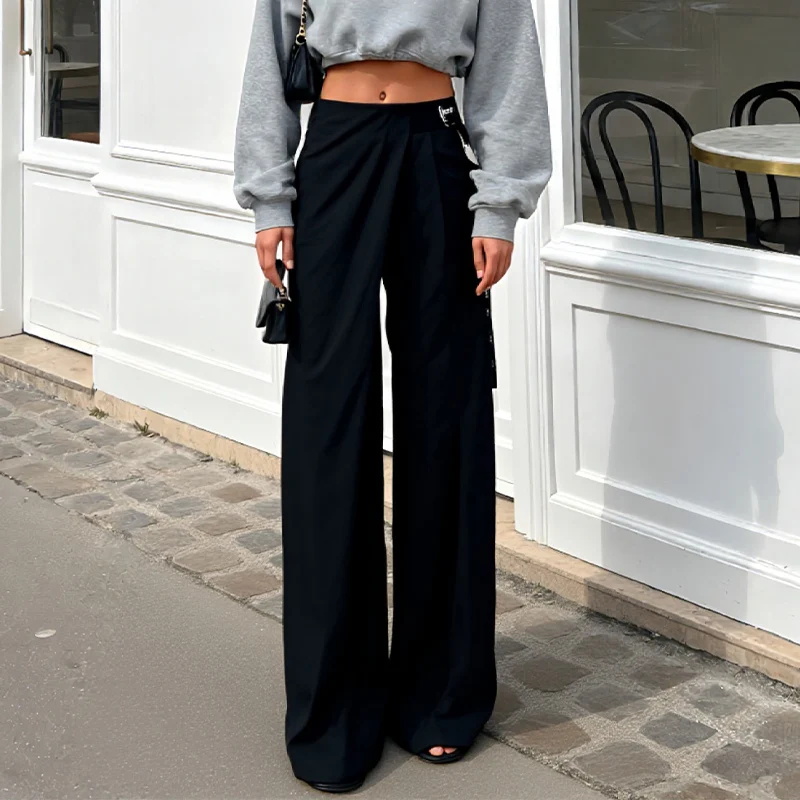 サイドバックル装飾付きレディースカジュアルパンツ エレガントで多用途なワイドレッグパンツ 春と秋の日常着