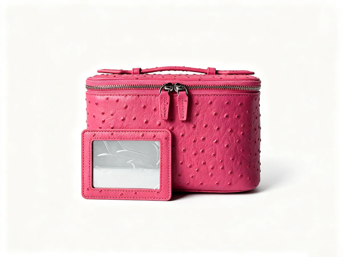 Neue Kosmetiktasche aus echtem Leder mit Straußenmuster, Damen-Kulturtasche, große Kapazität, luxuriöser Badezimmer-Organizer – Detail 17