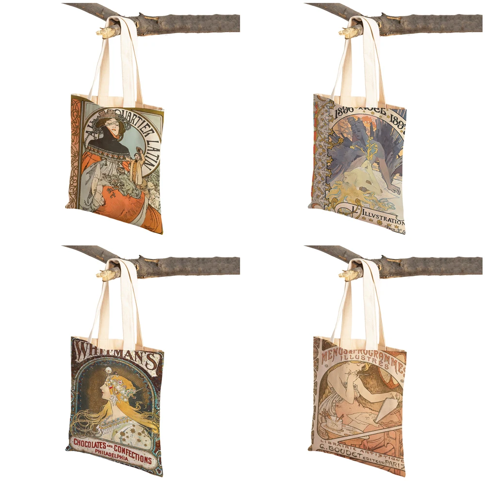 Alphonse Mucha Canvas Painting Japanese Shopper Bag Vintage Europe Abstract Casual Handbag Fashion Women Shopping Bags