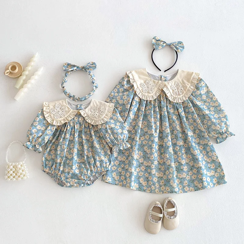 

Big Sister Little Sister Matching Flower Print Outfit Cotton Twins Baby and Girl Clothes Kid Collar Dress Infant Floral Bodysuit