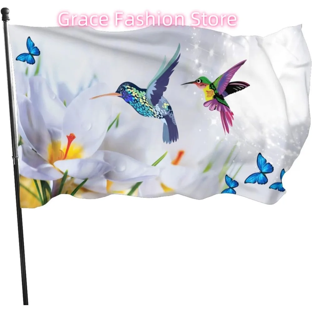 Fleurs d'oiseaux tourbillons de printemps drapeau de colibri 3x5 pieds résistant à la décoloration extérieur/à l'intérieur drapeau de brise jardin maison décor à la maison Double couture