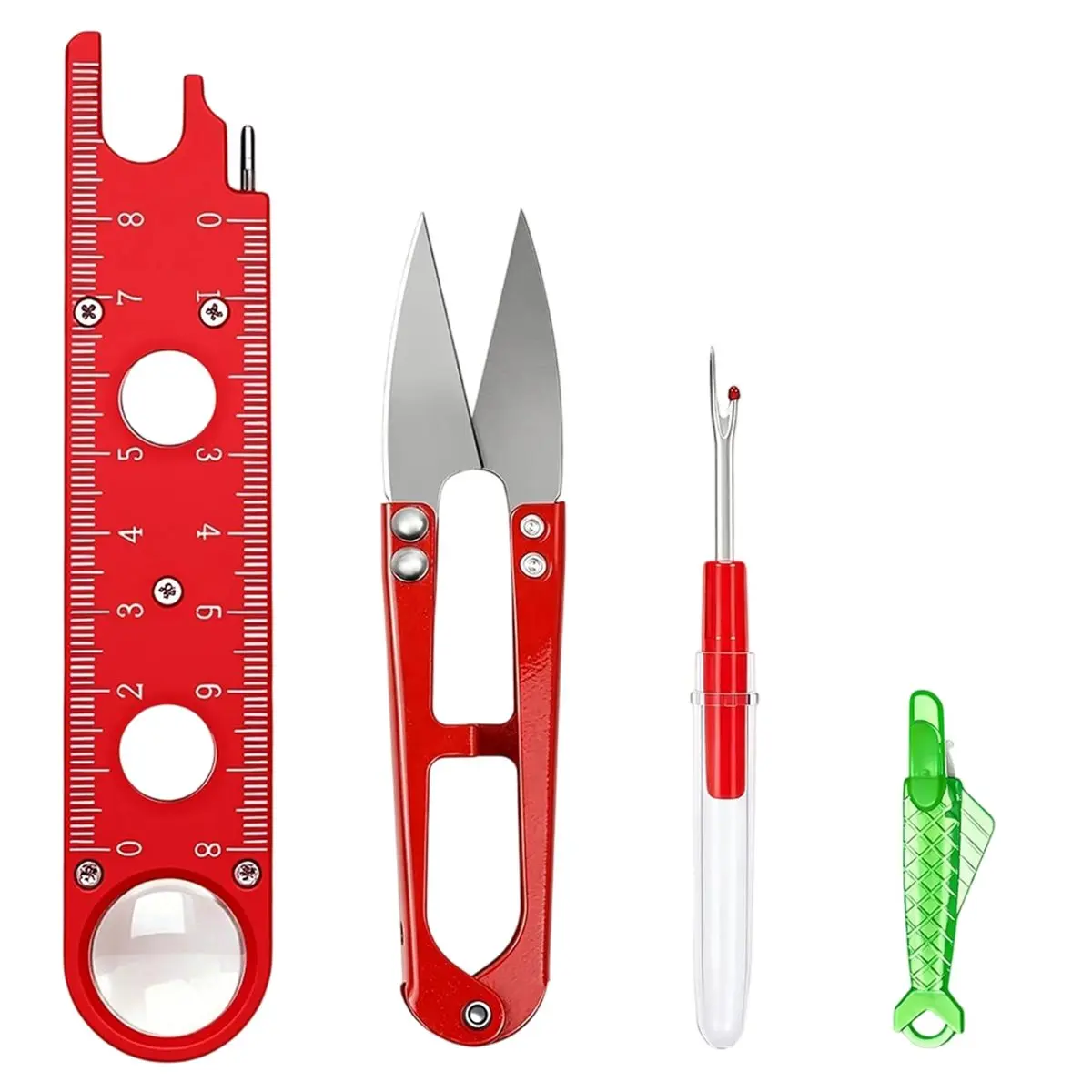 A1687K 4 Pcs Sewing Machine Needle Threader with Seam Ripper, 4 in 1 Automatic Needle Threading Tool with Magnifier & Ruler SUMM