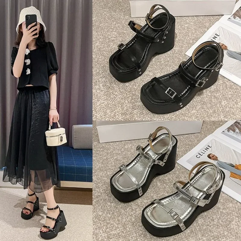 

Summer Women Sandals Platform Chunky Heel Flat Metal Buckle Female Shoes Ladies Peep Toe Mujer Casual Daily Slingback Footwear