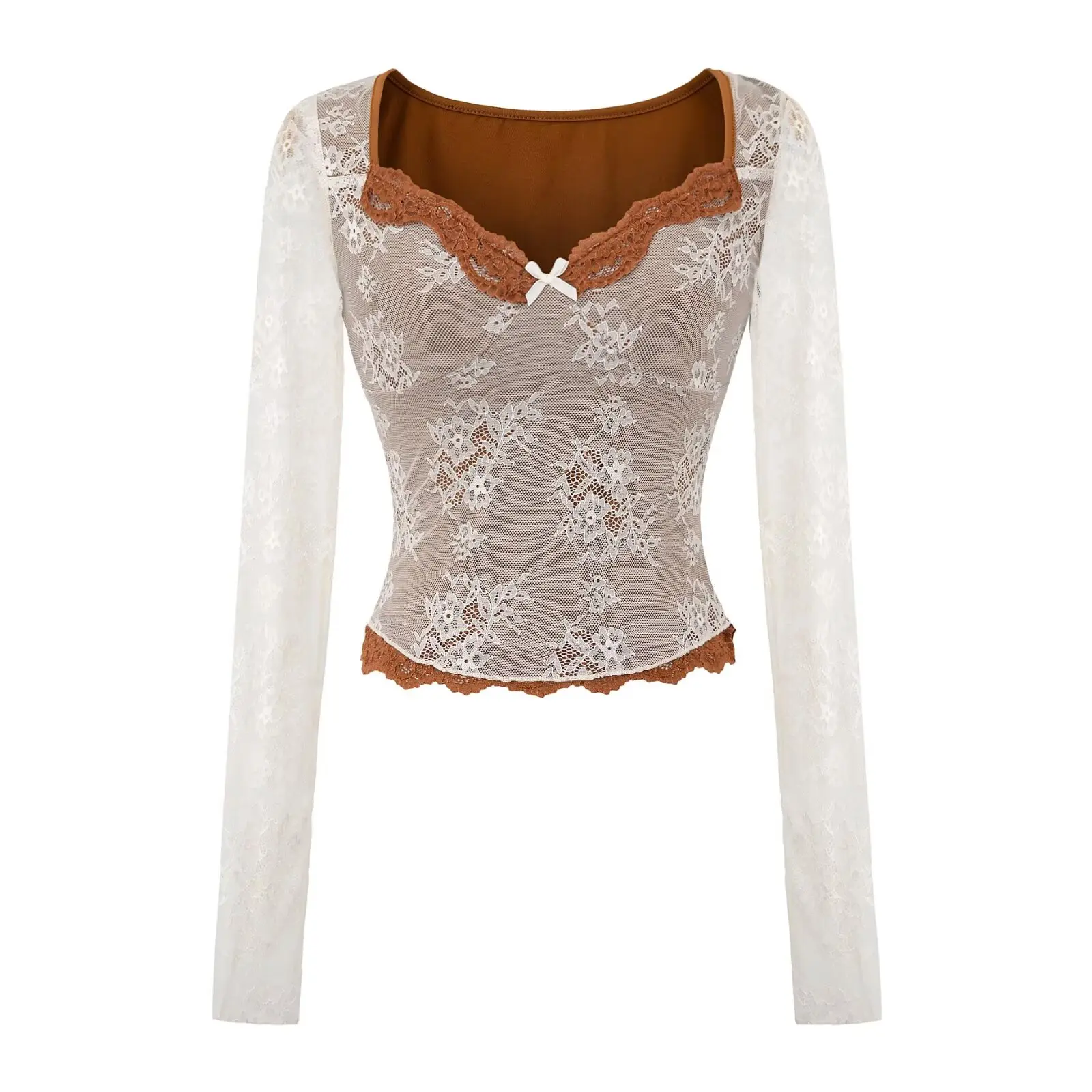 Seksowna bluzka z kwadratowym dekoltem, koronkowymi wstawkami, długim rękawem, wyszczuplająca bielizna damska, top bazowy dla seksownych dziewczyn, do noszenia na co dzień.