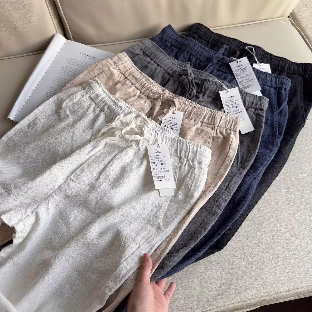 

Retro Japanese Sle Loose Elastic Waist Linen orts Men Summer Thin Breathable Pure Linen Beach Pants Straight Leg Casual T...
