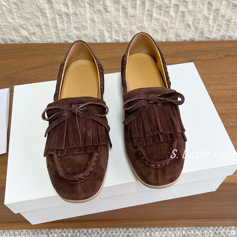 Tassel Bow Design Flat Shoes Women's Suede Round Toe Lazy Loafers Spring Autumn Fashion Casual Walking Single Shoes Bean Shoes