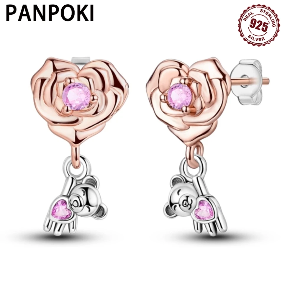 

925 Sterling Silver Valentine's Day Series - Rose Bear Stud Earrings For Lady S925 Jewelry Party Exquisite Birthday Gifts