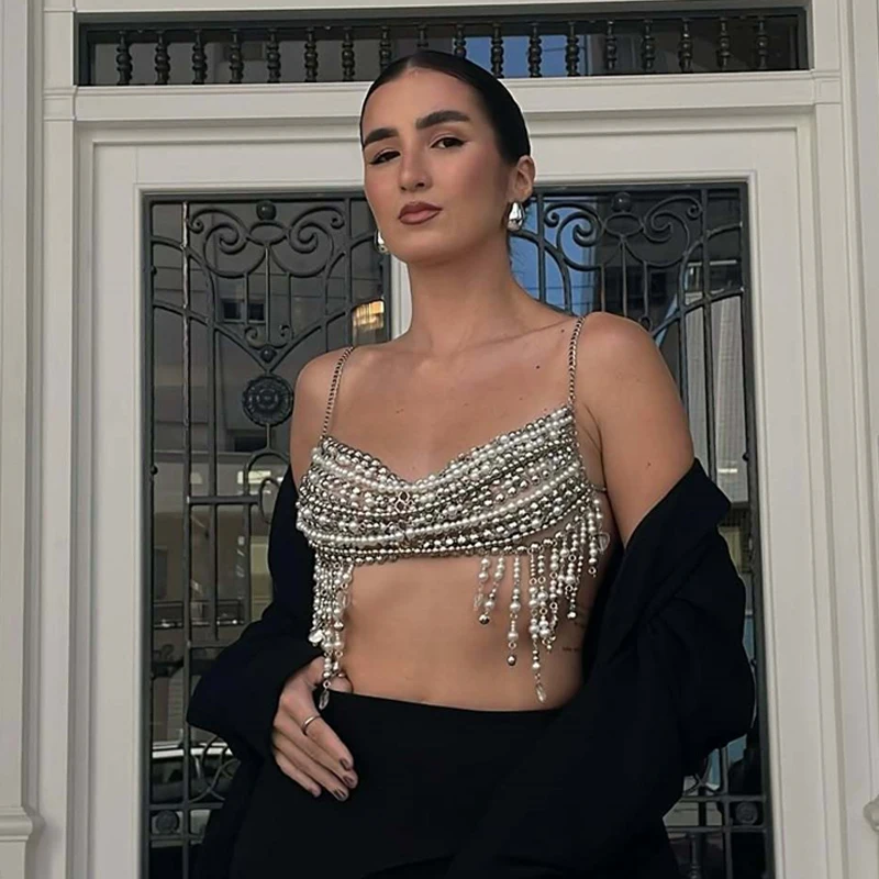 Damen-T-Shirt mit Perlen-Strass-Körperkette, sexy Neckholder-Crop-Top mit Perlen, Brustkette für Nachtclub, Party, Strand, Damen-Top – Detail 3