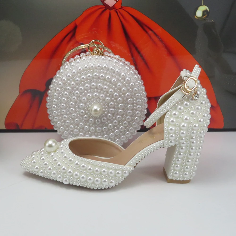 2024 New Arrival White high Pumps Female Bridal shoes bag set woman Pearl fashion party Shoes thick Heel shoes with handmade