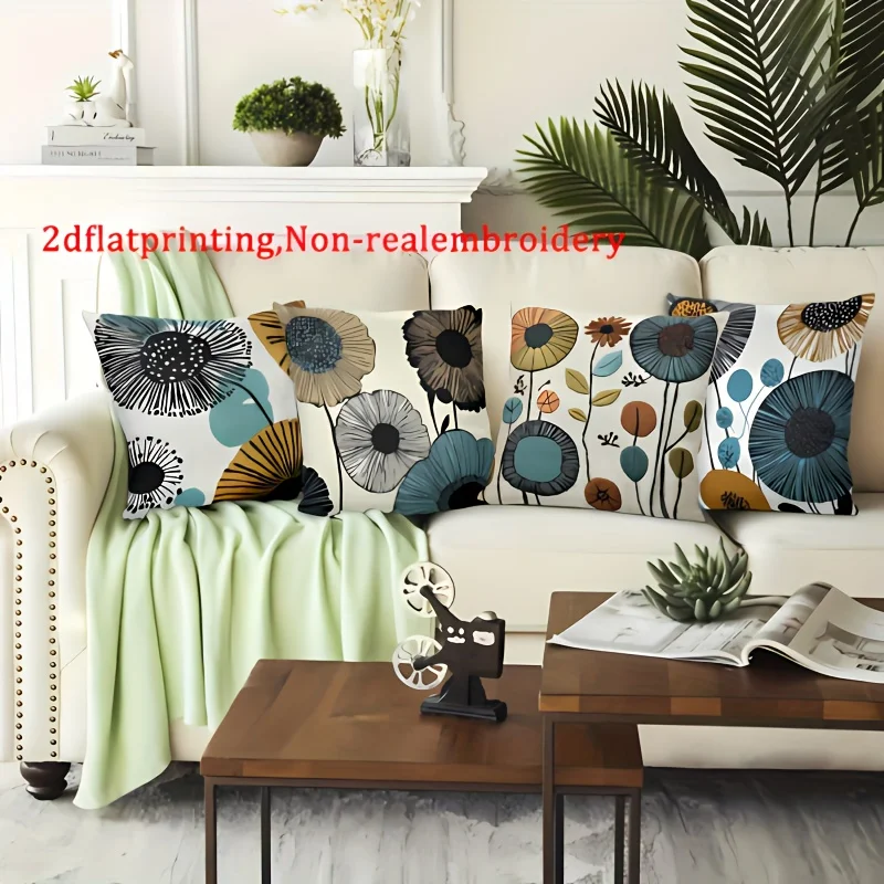 4pc Set of 4 Vintage Floral Throw Pillow Covers  2D Flat Printed Decorative Cushion Cases for Sofa Bedroom Living Room