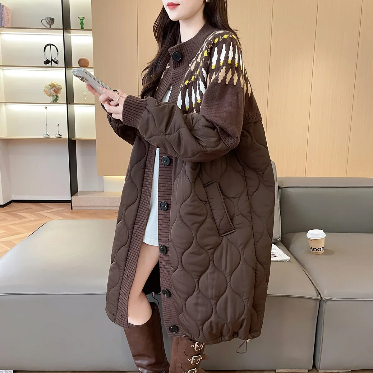 2026 Winter New Women's Patchwork Printed Knitted Long Padded Cardigan Loose Slim Fit Versatile Elegant Commute Casual Outerwear