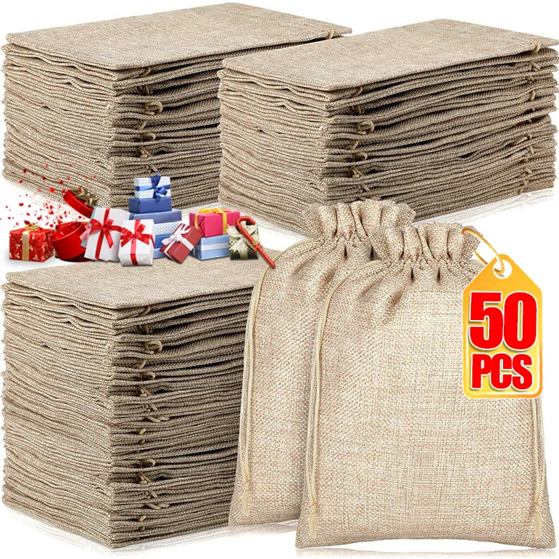 Bolsas de arpillera con cordón, bolsa de embalaje para regalos de dulces para fiesta, Navidad, lino, yute, tela pequeña, joyería, rompecabezas, bolsa distinguida