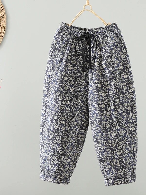 الرجعية طباعة Thiened عارضة فضفاض مستقيم الساق السراويل القطنية للنساء عالية الخصر السراويل الربط تصميم الشتاء Sle #5