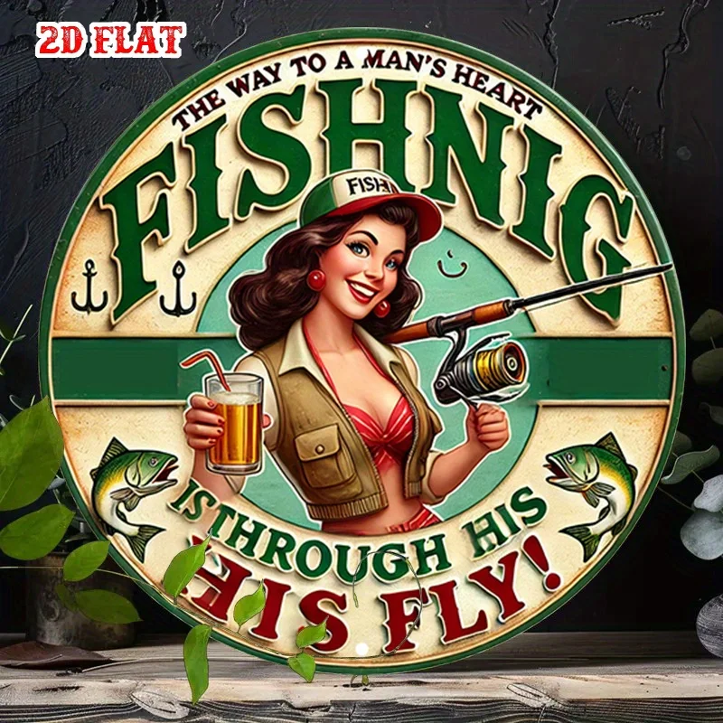 2D Flat - Round Aluminum Sign Featuring a 2D Flat Design with a Fishing Theme, Styled in a Retro Manner.This Metal Sign Embodies