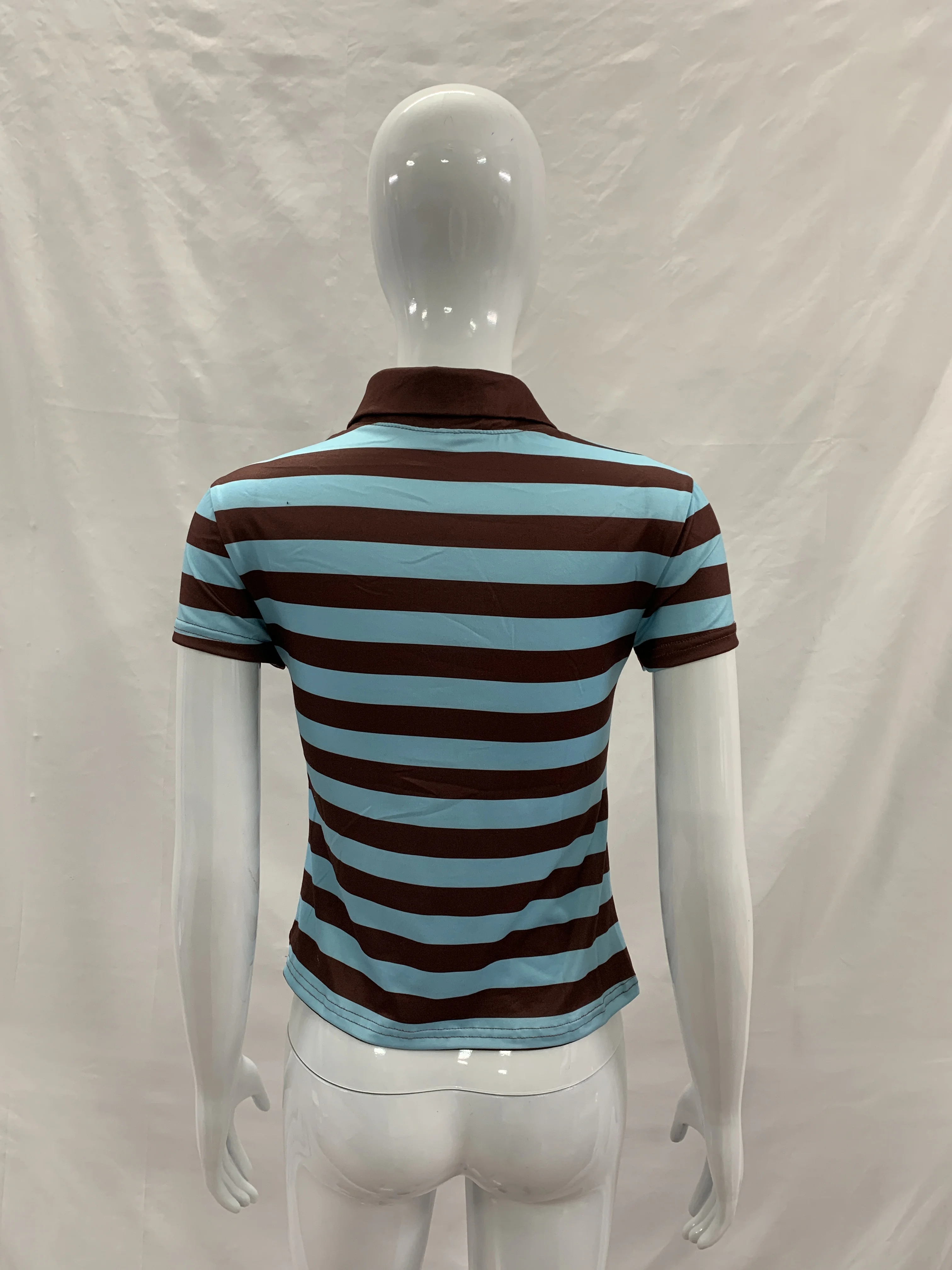 Damen Slim Fit Gestreiftes Poloshirt Kurzarm Henley-Oberteil Y2K Streetwear Lässiges Crop-Top für Junge Damen – Detail 9